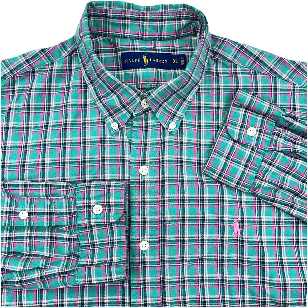 Ralph Lauren Shirt Men XL Green Pink Button Up Oxford Cloth Plaid Dress OCBD A87 - Picture 1 of 9